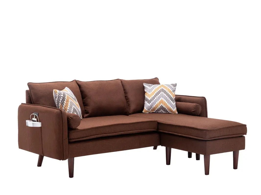 Mia Sectional Sofa Chaise Unique Piece Furniture brown fabric with USB charger and pillows on Tampa Home & Garden Store