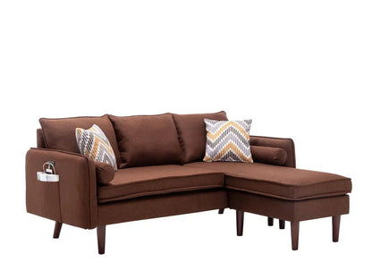 Mia Sectional Sofa Chaise Unique Piece Furniture brown fabric with USB charger and pillows on Tampa Home & Garden Store
