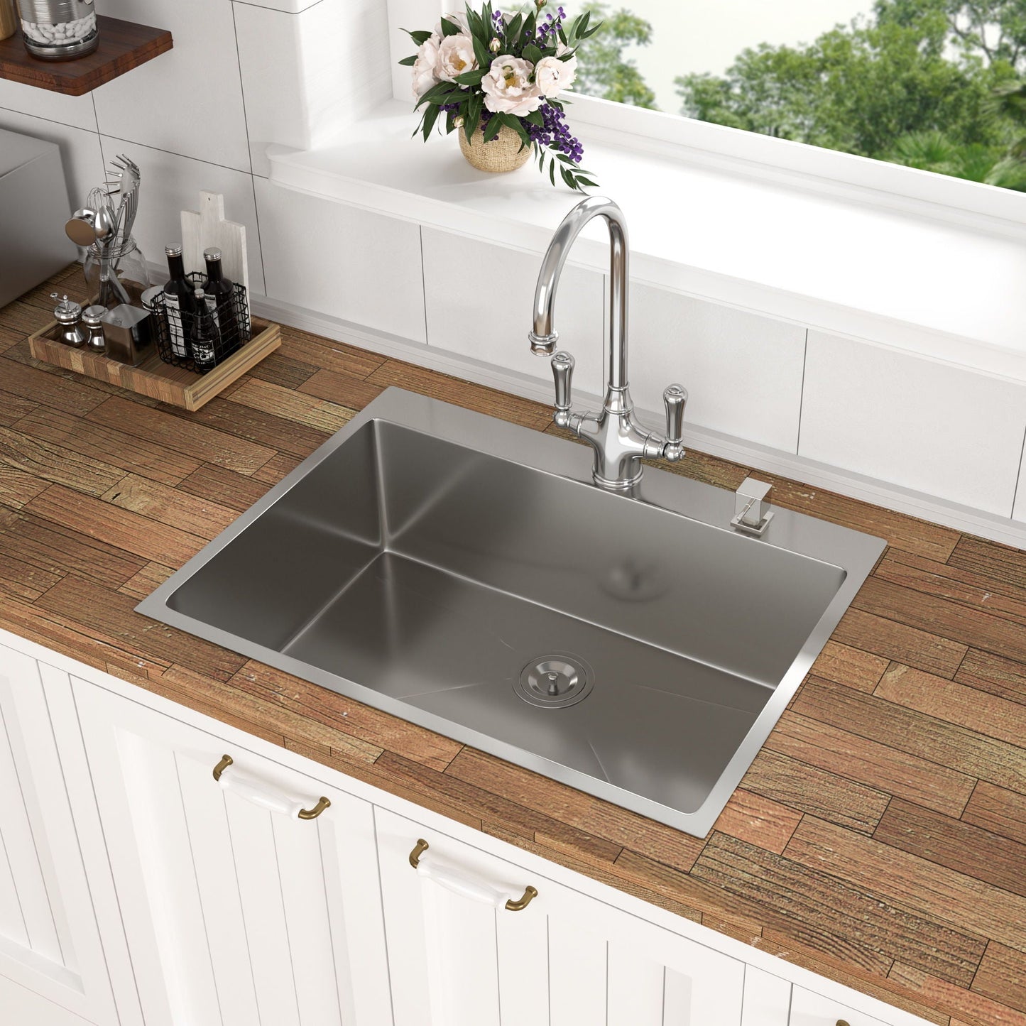 Topmount stainless steel kitchen sink by HouseOfZazla with chrome faucet on wooden counter on Tampa Home & Garden Store