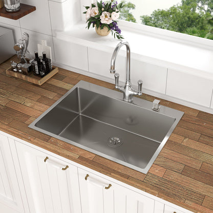 Topmount stainless steel kitchen sink by HouseOfZazla with chrome faucet on wooden counter on Tampa Home & Garden Store