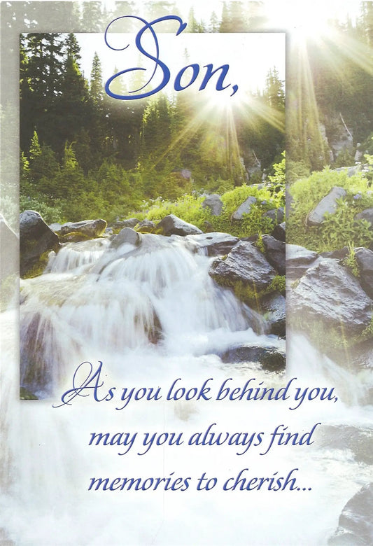 Birthday Card Son front with serene forest waterfall scene and blue script text on Tampa Home & Garden Store