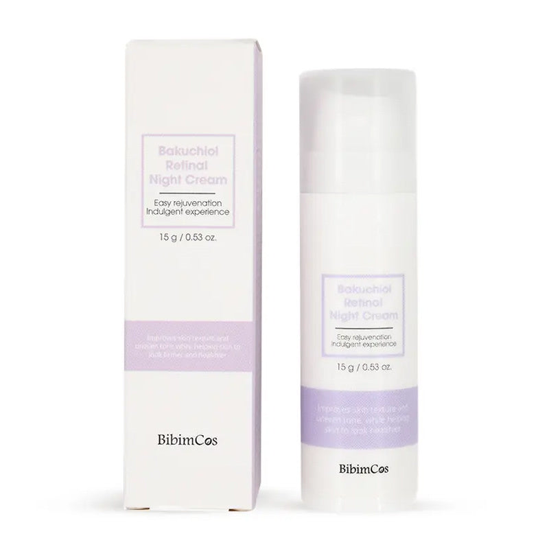 Bakuchiol Retinal Night Cream by BibimCos bottle and box, white with lilac label, 15 g skincare on Tampa Home & Garden Store