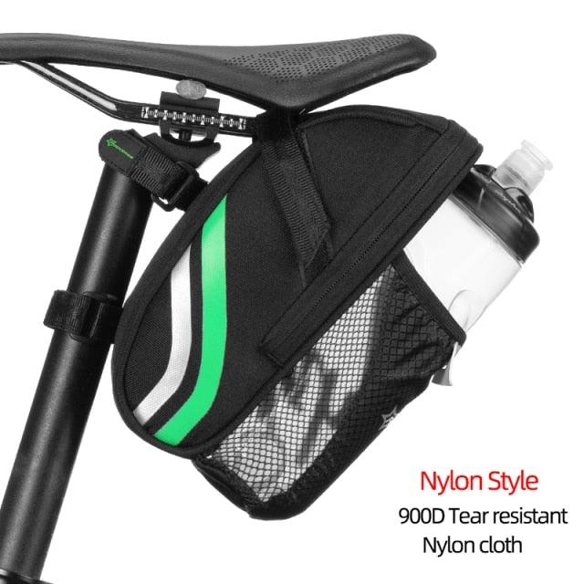 Stevvex under-seat bicycle bag with 1.5L water bottle pocket, black nylon with green stripe on Tampa Home & Garden Store