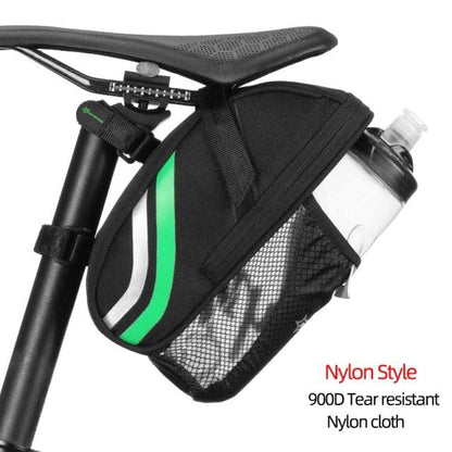 Stevvex under-seat bicycle bag with 1.5L water bottle pocket, black nylon with green stripe on Tampa Home & Garden Store
