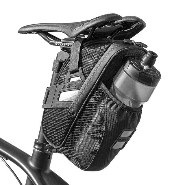 Under-seat bicycle bag by Stevvex with 1.5L water bottle pocket, black, water-repellent on Tampa Home & Garden Store