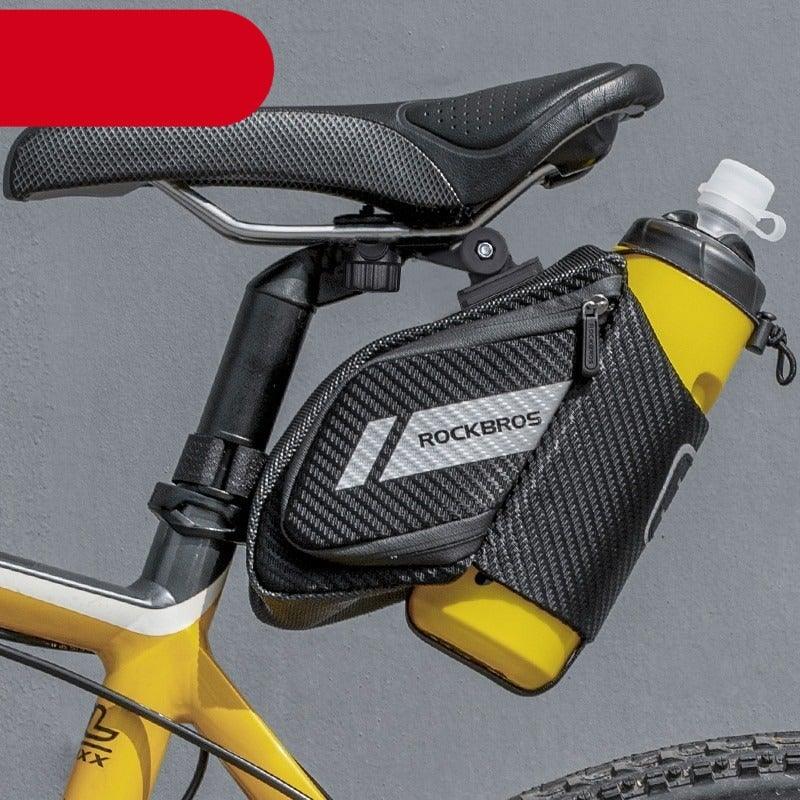 ROCKBROS saddle bag with 1.5L bottle pocket on yellow road bike; water-repellent, reflective on Tampa Home & Garden Store