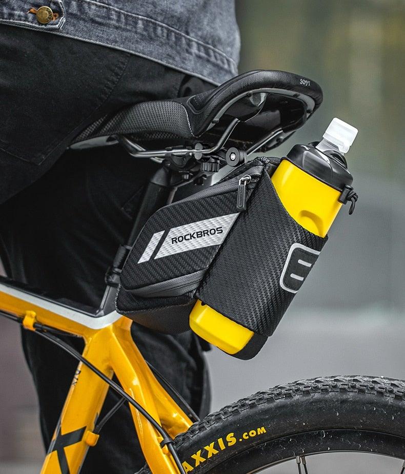 Under-seat bike bag with water bottle holder, black carbon-fiber look, RockBros on road bike on Tampa Home & Garden Store