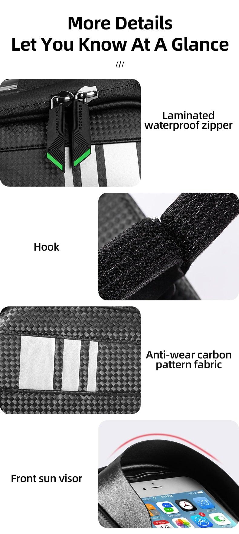 Front frame bicycle bag with waterproof touchscreen phone case, carbon fabric, Rockbros zippers on Tampa Home & Garden Store