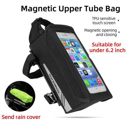 Magnetic Upper Tube Bag for bikes with touchscreen window, black waterproof top-tube phone pouch on Tampa Home & Garden Store