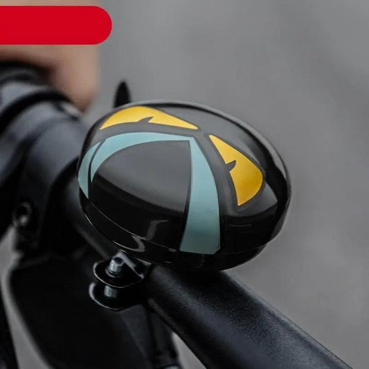 Stevvex bicycle bell horn aluminum alloy body black with teal and yellow accents on handlebar on Tampa Home & Garden Store