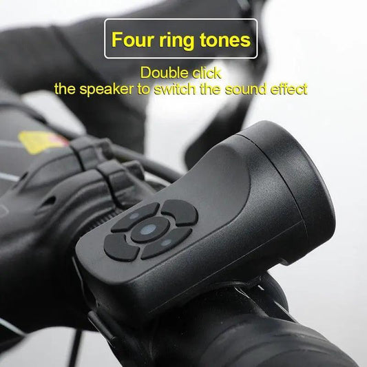Stevvex bicycle horn USB rechargeable, black four-ring-tone control mounted on handlebars on Tampa Home & Garden Store