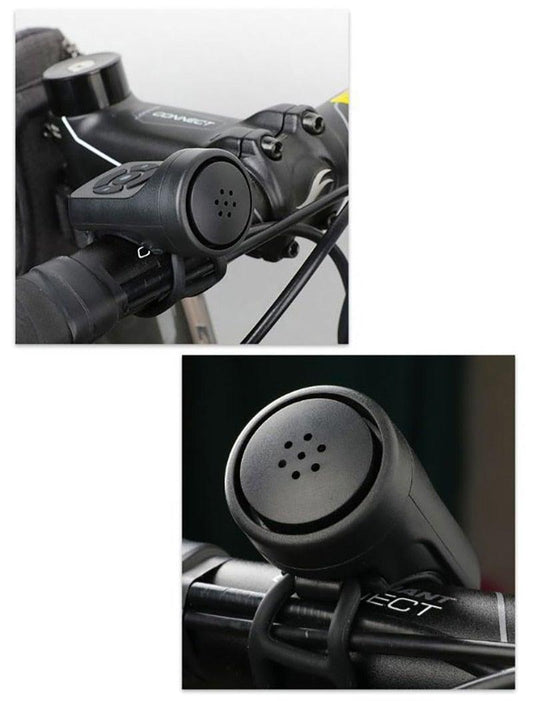 Stevvex black round USB-rechargeable bicycle horn bell mounted on mountain bike handlebar on Tampa Home & Garden Store

Stevvex USB-rechargeable black round bicycle horn close-up with perforated speaker grill on handlebar on Tampa Home & Garden Store