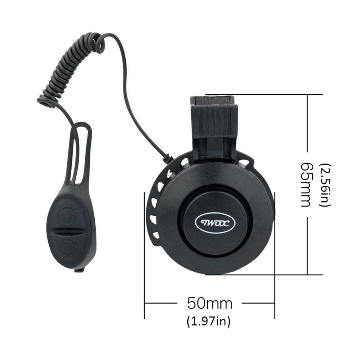Black bicycle bell TWOC with USB charging horn and coiled remote, waterproof 50mm diameter on Tampa Home & Garden Store