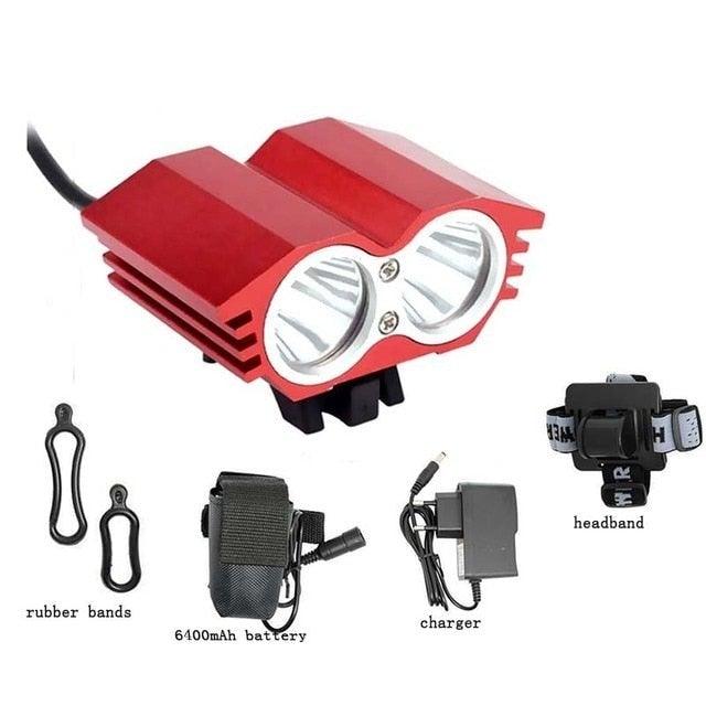 Bicycle front light Stevvex dual-LED red headlamp with 6400mAh battery, charger and headband set on Tampa Home & Garden Store