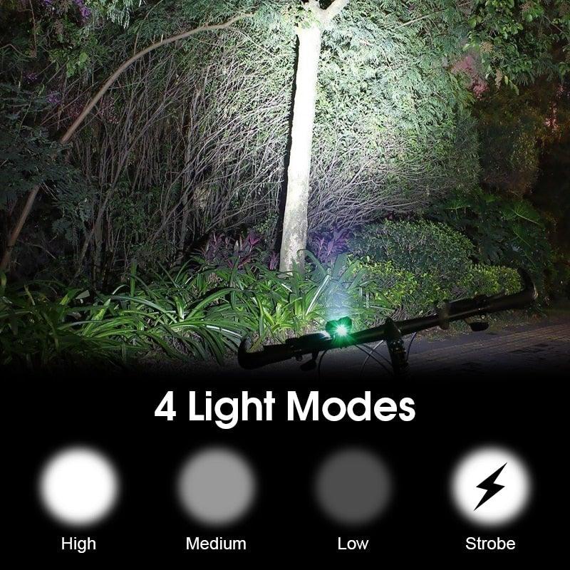 Bicycle front light Stevvex with USB rechargeable battery on handlebars, green beam on Tampa Home & Garden Store