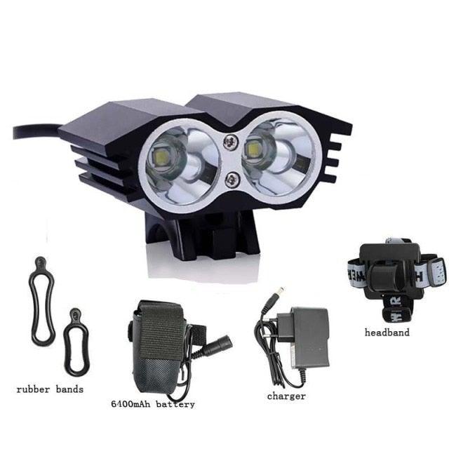 Stevvex bicycle front light rechargeable with dual LED, 6400mAh battery, charger and headband on Tampa Home & Garden Store