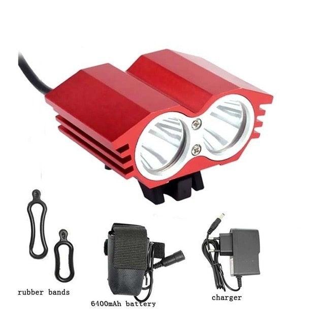 Stevvex red aluminum bicycle front light with dual LEDs, 6400mAh battery, USB rechargeable on Tampa Home & Garden Store