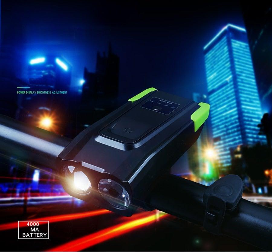 Stevvex bicycle front light with LED headlamp horn USB rechargeable 4000mAh black with lime on Tampa Home & Garden Store