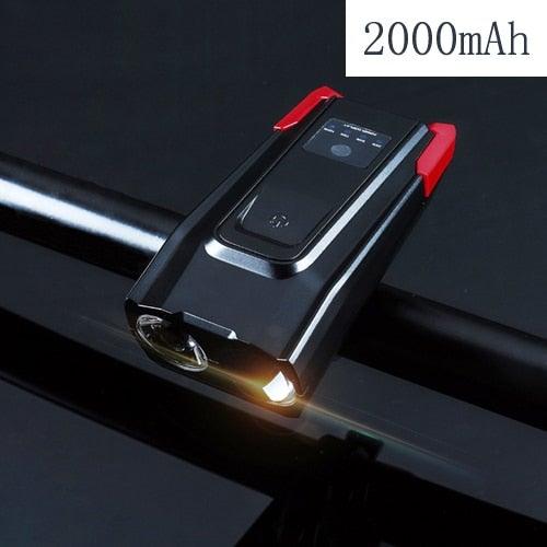 Stevvex front light with horn, USB rechargeable, black with red ends mounted on handlebars on Tampa Home & Garden Store