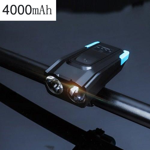 Bicycle front light with horn, USB rechargeable 4000mAh, black with blue trim on Tampa Home & Garden Store