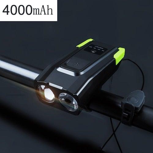 Stevvex front light with horn, USB rechargeable 4000mAh, black with lime accents on bars on Tampa Home & Garden Store