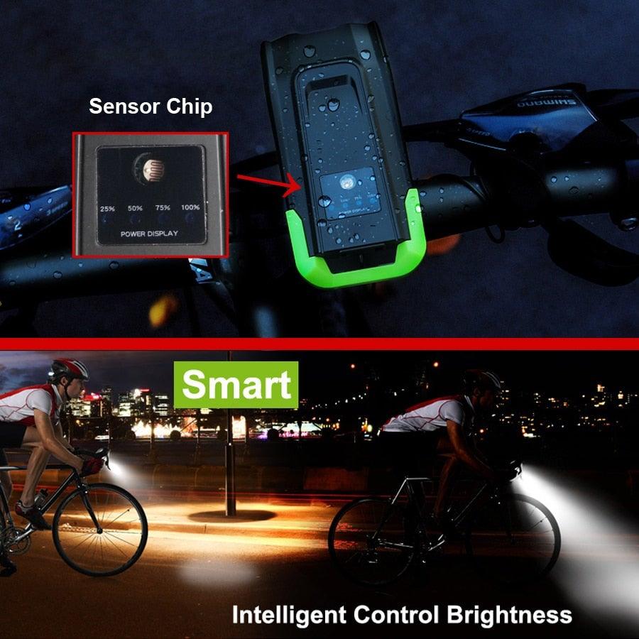 Stevvex USB rechargeable smart bicycle front light with horn, waterproof LED bike lamp bar mount on Tampa Home & Garden Store