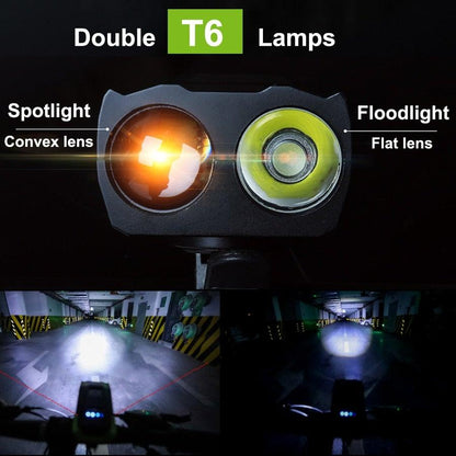 Stevvex dual-LED bicycle front light with horn, USB rechargeable 4000mAh, waterproof headlamp on Tampa Home & Garden Store