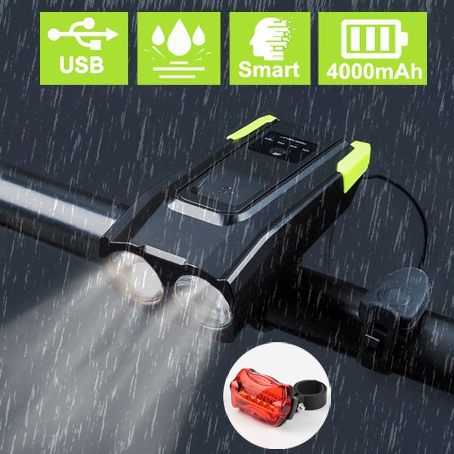 Stevvex bicycle front light with horn USB rechargeable 4000mAh red rear light waterproof on Tampa Home & Garden Store