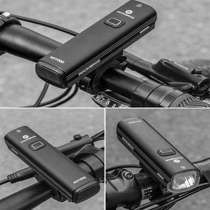 USB Rechargeable Rockbros bike headlight and taillight, black compact mounted on handlebars on Tampa Home & Garden Store