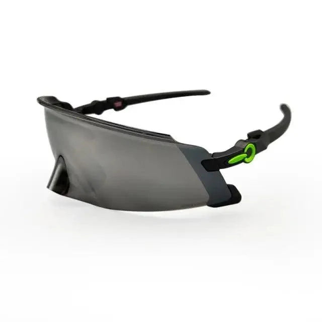 Stevvex bicycle cycling sunglasses with gray mirrored lens, black frame and neon green accents on Tampa Home & Garden Store