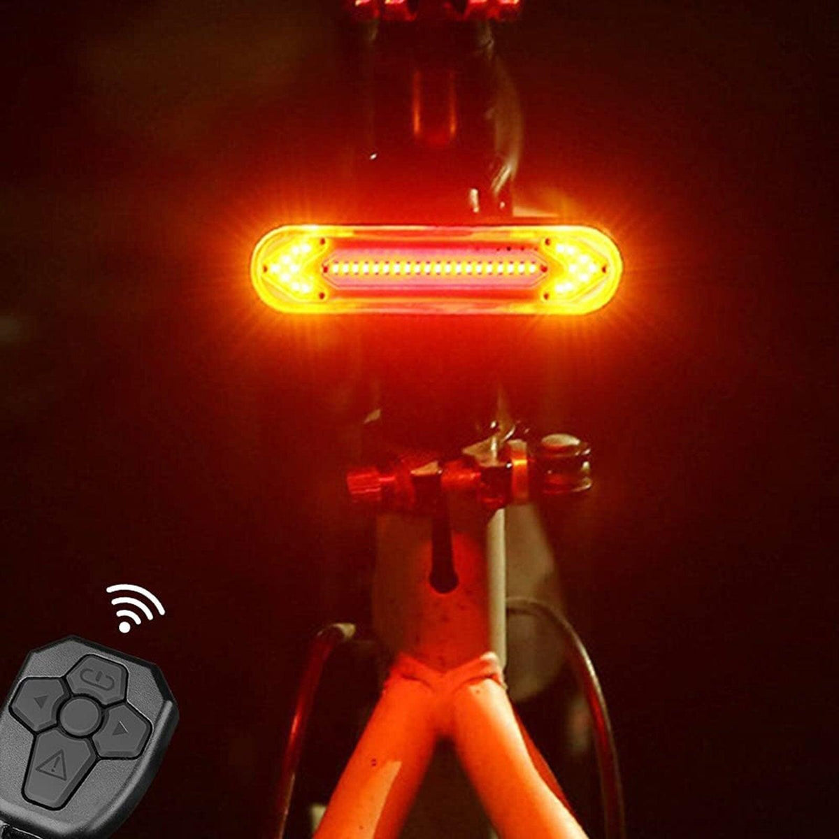 Stevvex wireless bicycle tail light and remote control, orange LED rear beacon and gray remote on Tampa Home & Garden Store