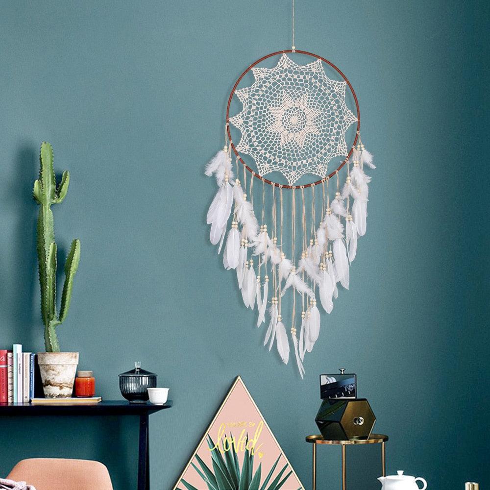 Dreamcatcher Stevvex: large brown hoop with white crochet center and feather tassels on Tampa Home & Garden Store
