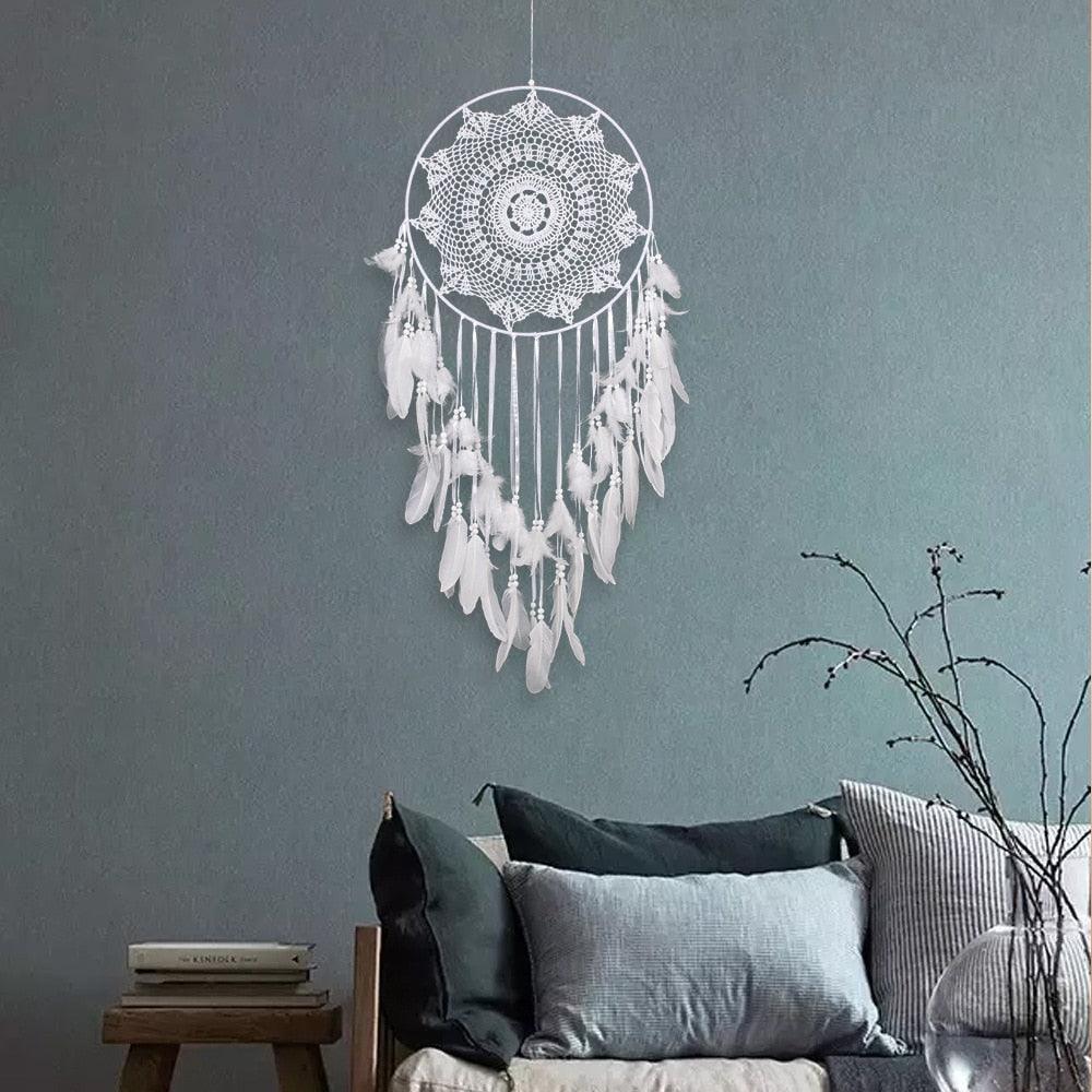 Dreamcatcher decor white crochet with circular mandala center and feather fringe by Stevvex on Tampa Home & Garden Store