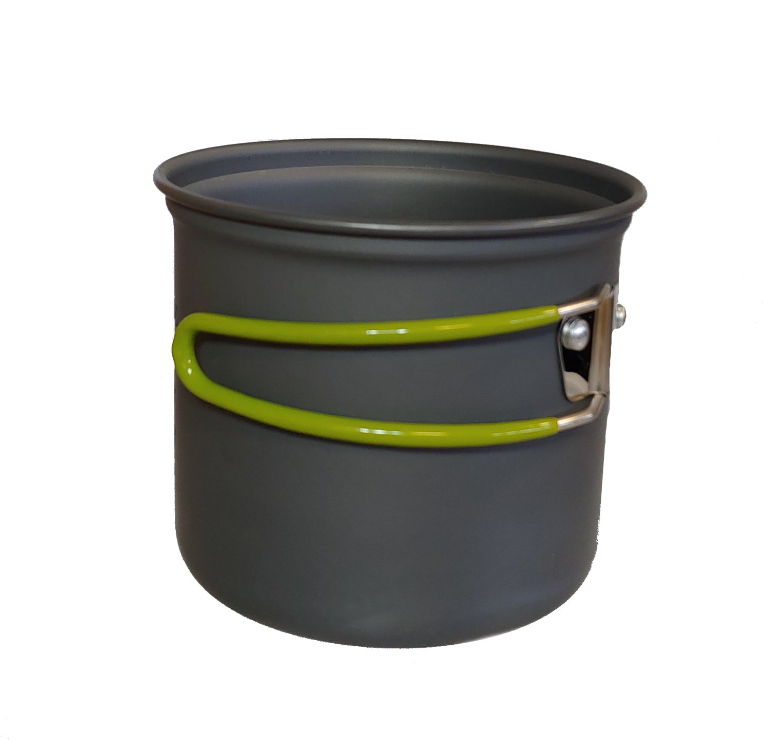 Camping pot set, grey aluminum with lime green foldable handle on Tampa Home & Garden Store