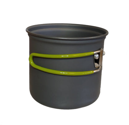 Camping pot set, grey aluminum with lime green foldable handle on Tampa Home & Garden Store