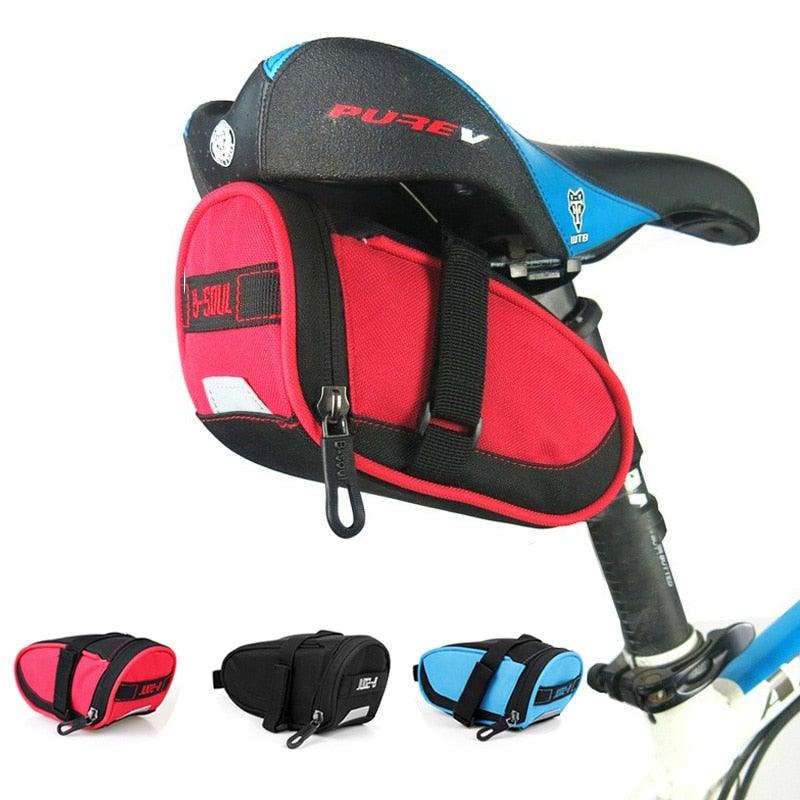 Stevvex waterproof under-seat bicycle bag red saddle pouch with straps; also shown in black and blue options on Tampa Home & Garden Store