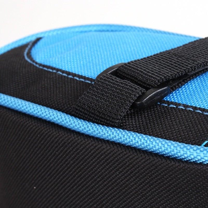 Bike saddle bag Stevvex waterproof under-seat pouch with black body and blue trim strap on Tampa Home & Garden Store