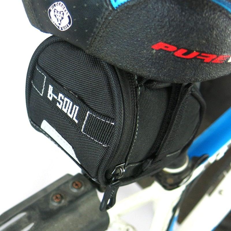 Bike saddle bag Stevvex, black nylon under-seat pouch with white stitching, waterproof storage on Tampa Home & Garden Store