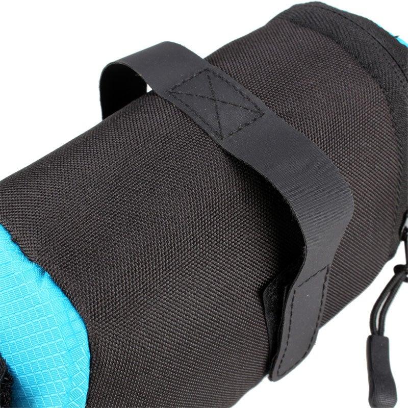 Stevvex waterproof bike saddle bag in black fabric with teal interior and strap on Tampa Home & Garden Store