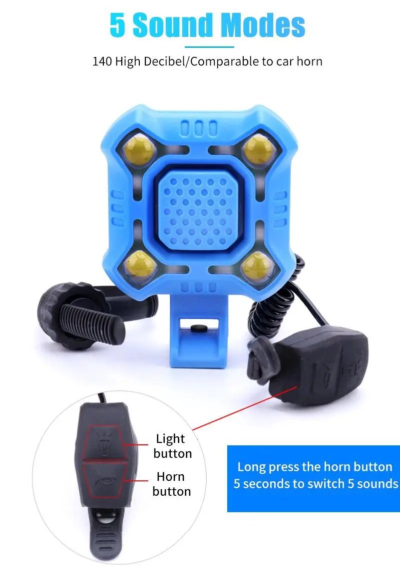 Bike Bell and 4 Lamp Light Set with USB Charging