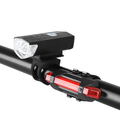 Stevvex black USB rechargeable bike light set with front headlamp and red rear light on Tampa Home & Garden Store
