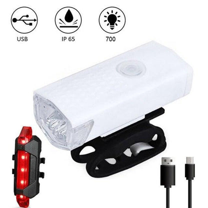 Stevvex bike light set front white headlight and rear red taillight with clamp USB rechargeable on Tampa Home & Garden Store