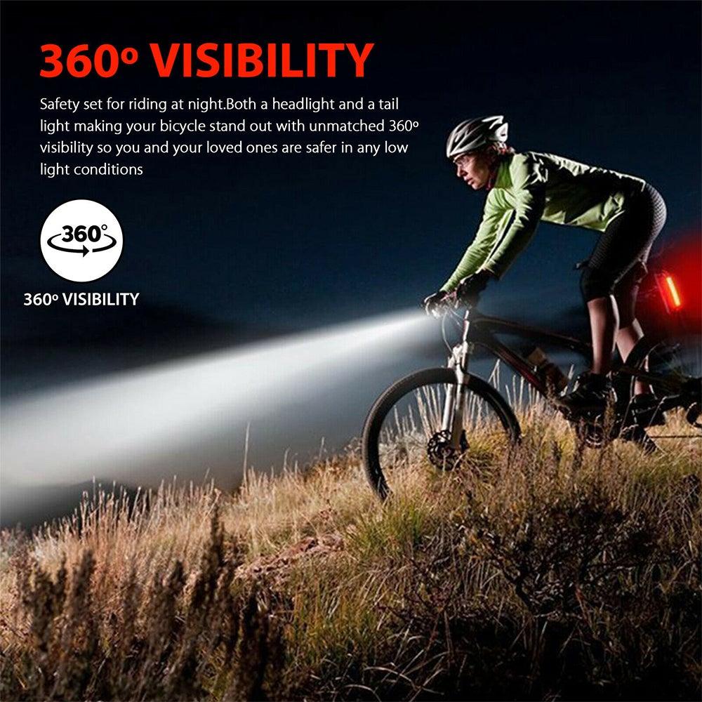Stevvex USB LED bike light set headlamp and rear tail light for night ride 360° visibility on Tampa Home & Garden Store