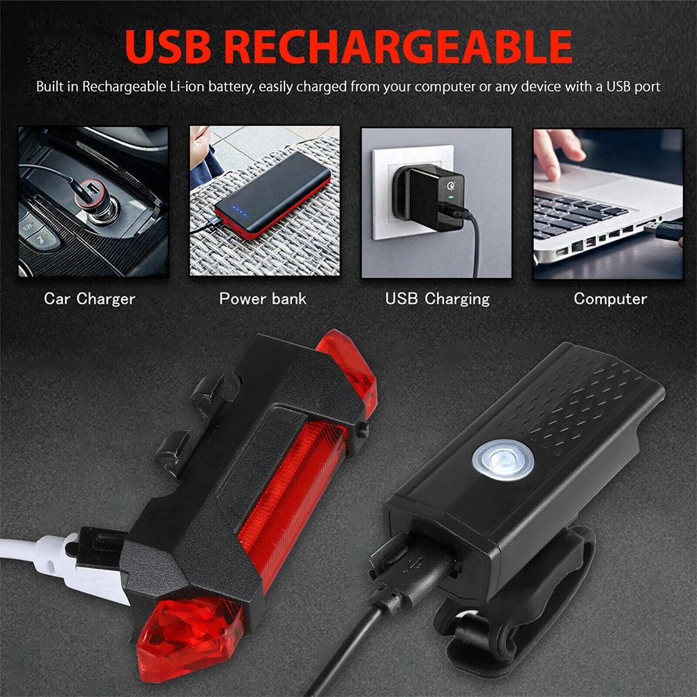 Stevvex bicycle light set USB rechargeable front headlight and red rear tail light with mounts on Tampa Home & Garden Store