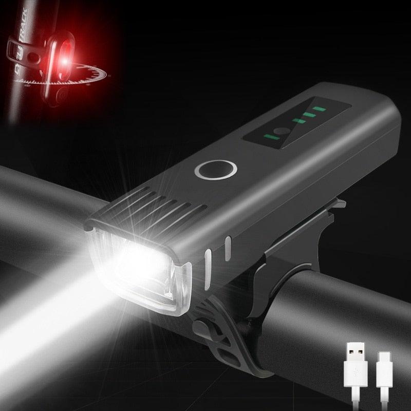Stevvex USB rechargeable bike light set with front headlamp and rear taillight, 4 LED modes on Tampa Home & Garden Store