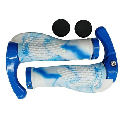 Stevvex ergonomic bike handlebar grips pair in blue silicone with aluminum rings and end plugs on Tampa Home & Garden Store