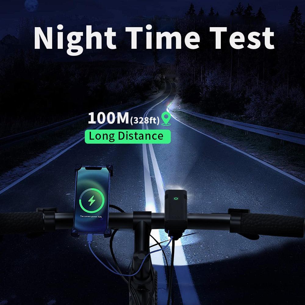 Waterproof LED bike light and USB flashlight mounted on a bike handlebar, Stevvex devices on Tampa Home & Garden Store