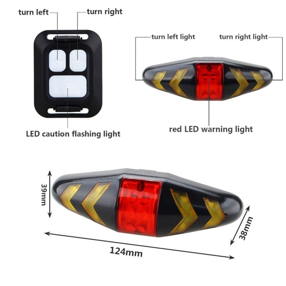 Wireless bike tail light with turn signals, red warning LED, yellow arrows, 124mm long on Tampa Home & Garden Store
