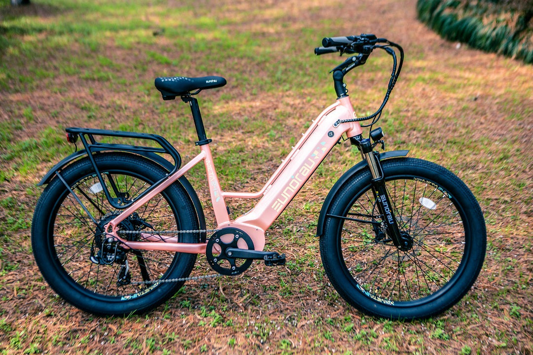META275 2.0 electric bicycle with pink step-through frame and fat black tires from EUNORAU on Tampa Home & Garden Store