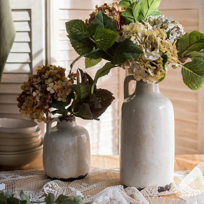 Two Binglie glazed pottery vases with single handles, tall gray vase and small matching vase on Tampa Home & Garden Store